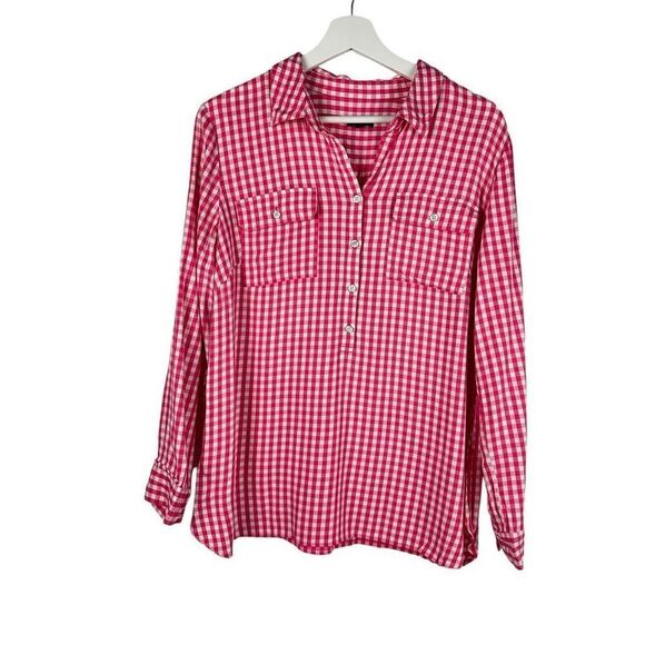 Talbots Pink White Gingham Roll Sleeve Top Large - Picture 1 of 6
